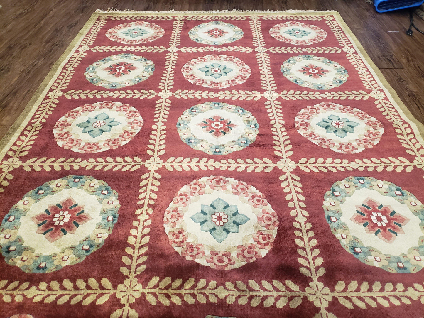Nepalese Aubusson Panel Rug 6x9, Red & Ivory Soft Plush Tibetan Pile Rug, Wool Hand-Knotted Carpet, 6 x 9 Elegant Area Rug, Office Room Rug-2