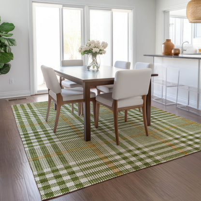 8' X 10' Olive Green Brown And Ivory Plaid Washable Indoor Outdoor Area Rug