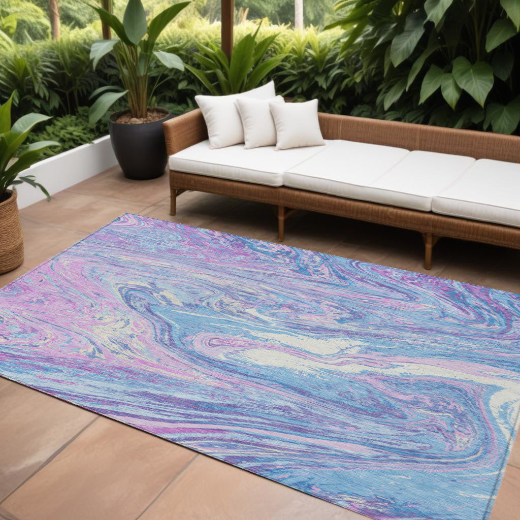 8' X 10' Sky Blue Lavender And Ivory Abstract Washable Indoor Outdoor Area Rug