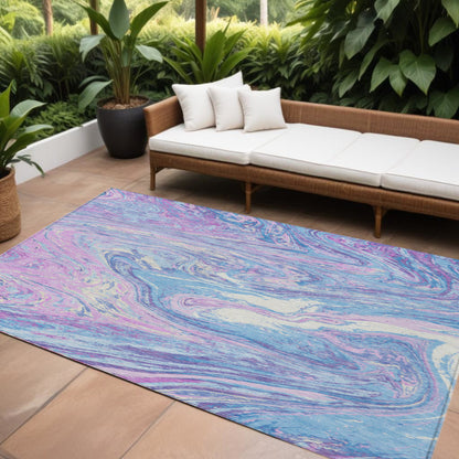 8' X 10' Sky Blue Lavender And Ivory Abstract Washable Indoor Outdoor Area Rug