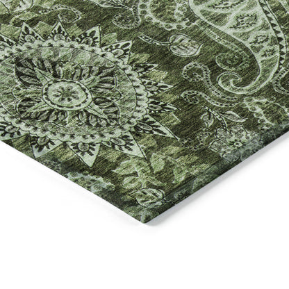 3' X 5' Olive Green Charcoal And Gray Floral Medallion Washable Indoor Outdoor Area Rug