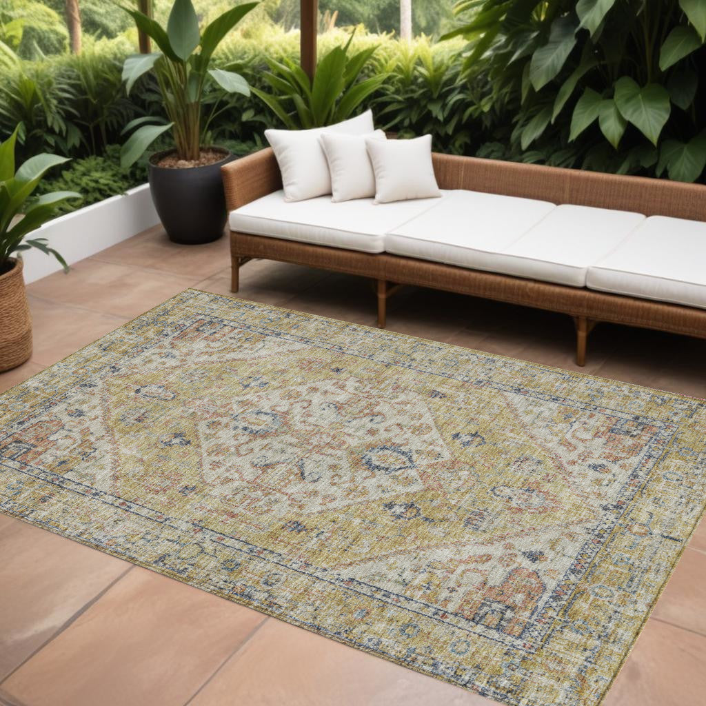 9' X 12' Wheat Terra Cotta And Black Oriental Washable Indoor Outdoor Area Rug