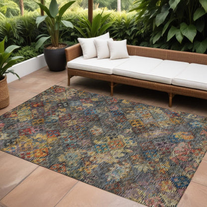 9' X 12' Gray Green And Terra Cotta Floral Washable Indoor Outdoor Area Rug
