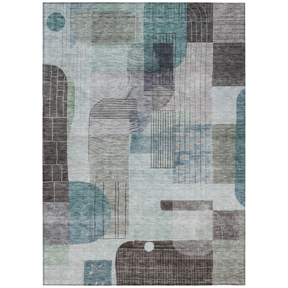 5' X 8' Teal Blue Gray And Charcoal Abstract Washable Indoor Outdoor Area Rug