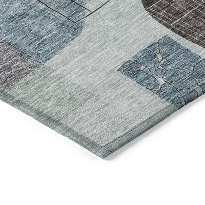 5' X 8' Teal Blue Gray And Charcoal Abstract Washable Indoor Outdoor Area Rug