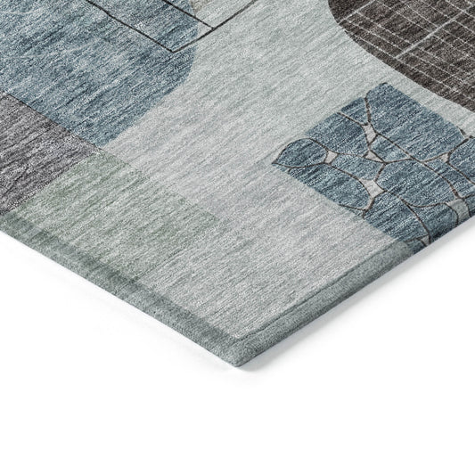 5' X 8' Teal Blue Gray And Charcoal Abstract Washable Indoor Outdoor Area Rug