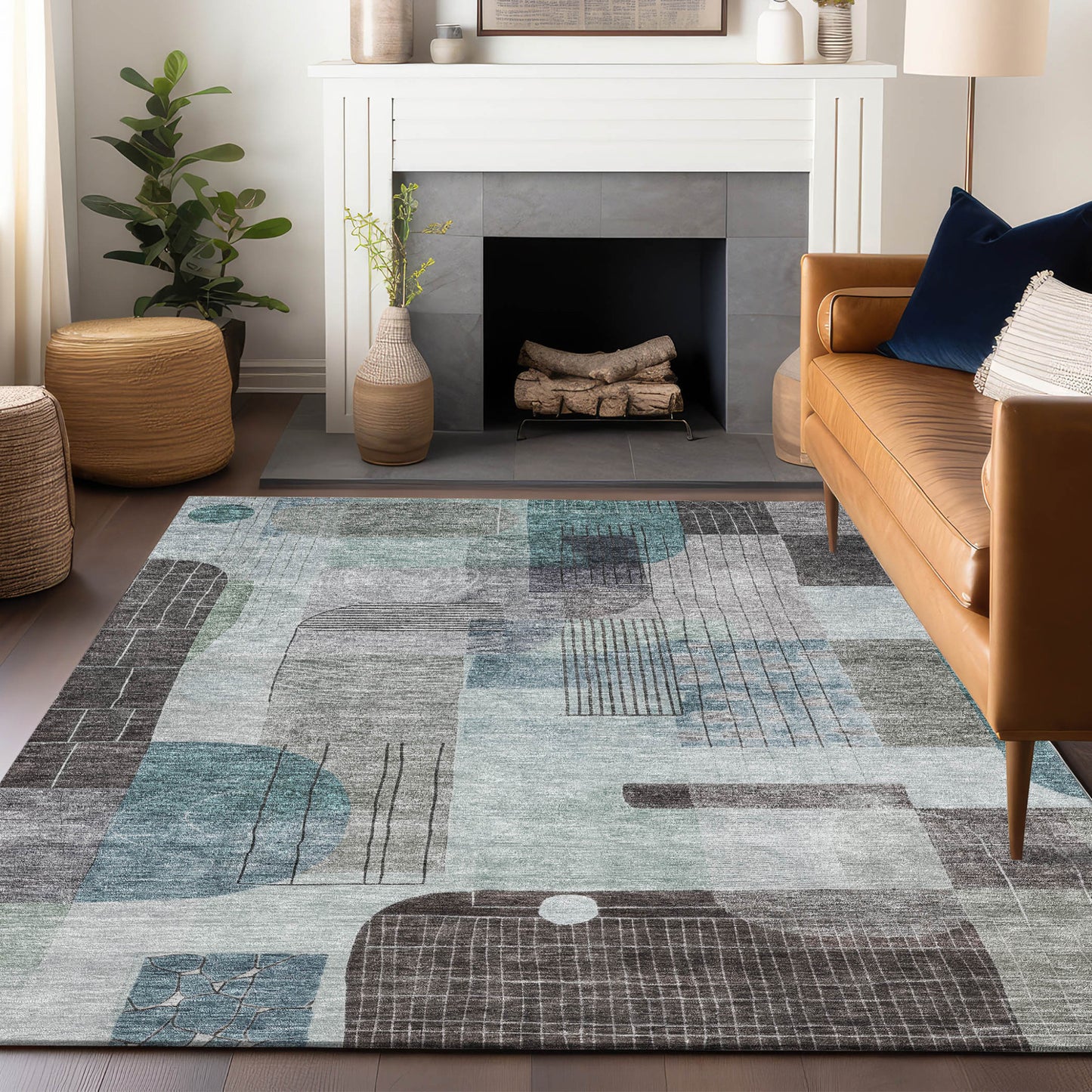 5' X 8' Teal Blue Gray And Charcoal Abstract Washable Indoor Outdoor Area Rug