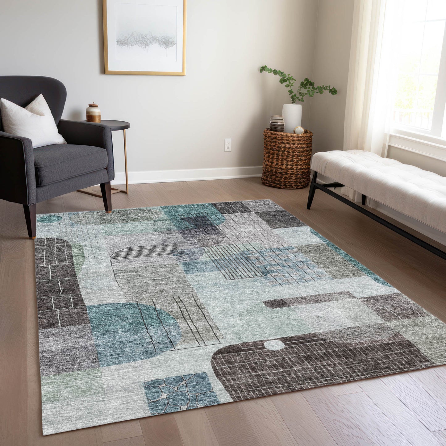 5' X 8' Teal Blue Gray And Charcoal Abstract Washable Indoor Outdoor Area Rug