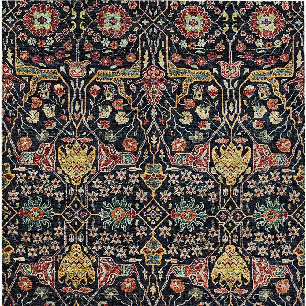 9' X 12' Black Red And Gold Floral Washable Indoor Outdoor Area Rug