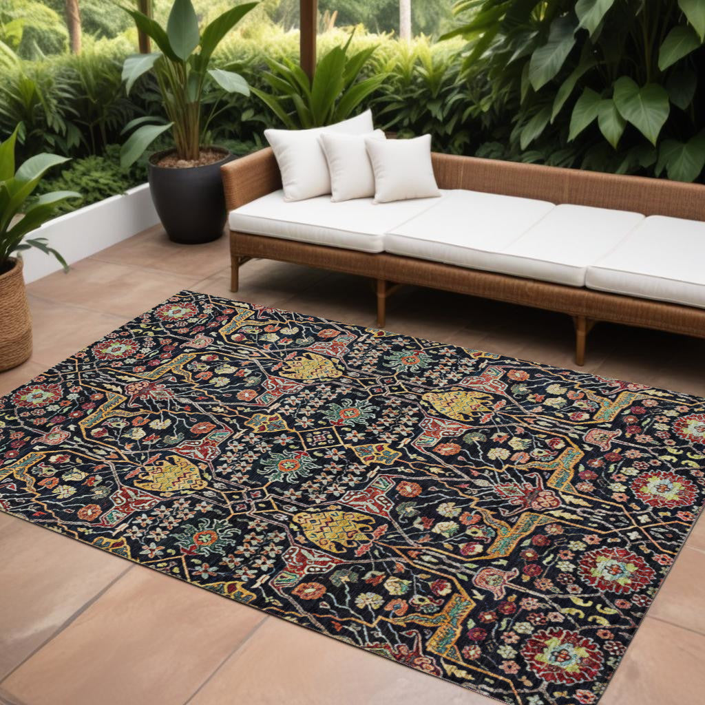 9' X 12' Black Red And Gold Floral Washable Indoor Outdoor Area Rug