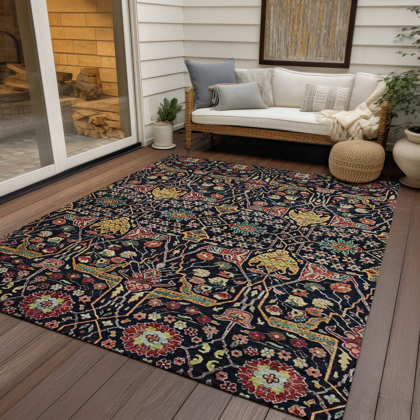 9' X 12' Black Red And Gold Floral Washable Indoor Outdoor Area Rug
