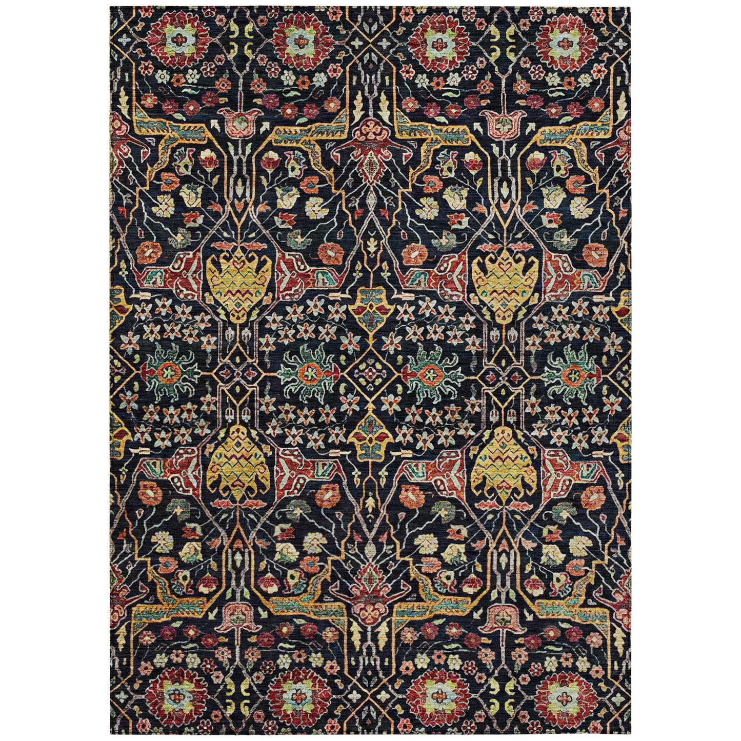 9' X 12' Black Red And Gold Floral Washable Indoor Outdoor Area Rug