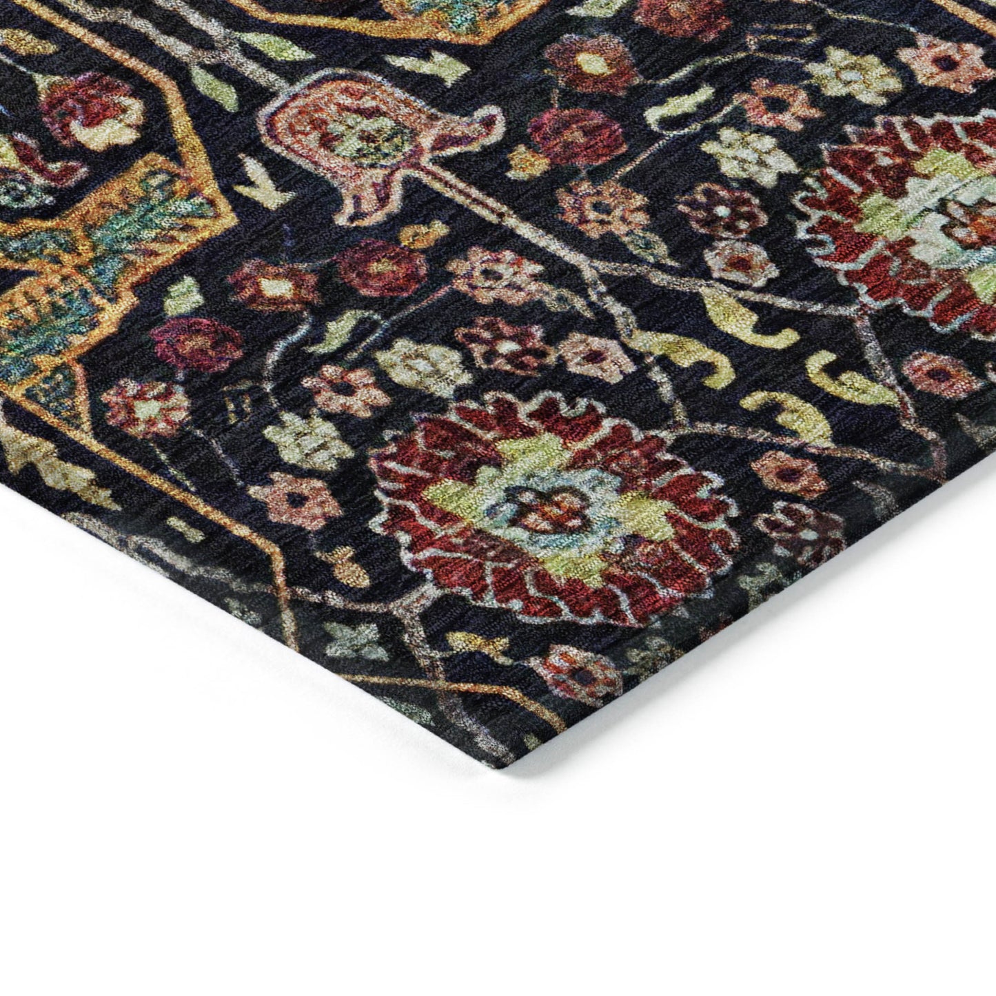 9' X 12' Black Red And Gold Floral Washable Indoor Outdoor Area Rug