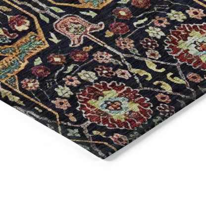 9' X 12' Black Red And Gold Floral Washable Indoor Outdoor Area Rug