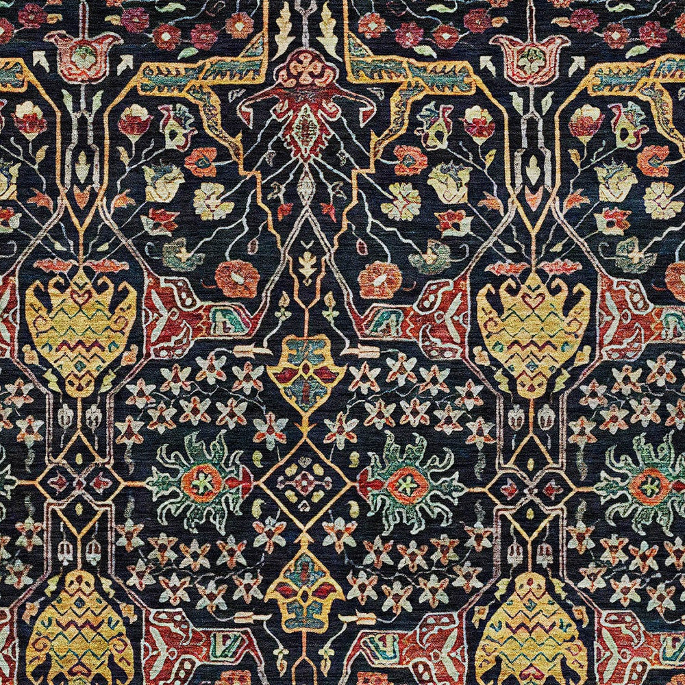 9' X 12' Black Red And Gold Floral Washable Indoor Outdoor Area Rug