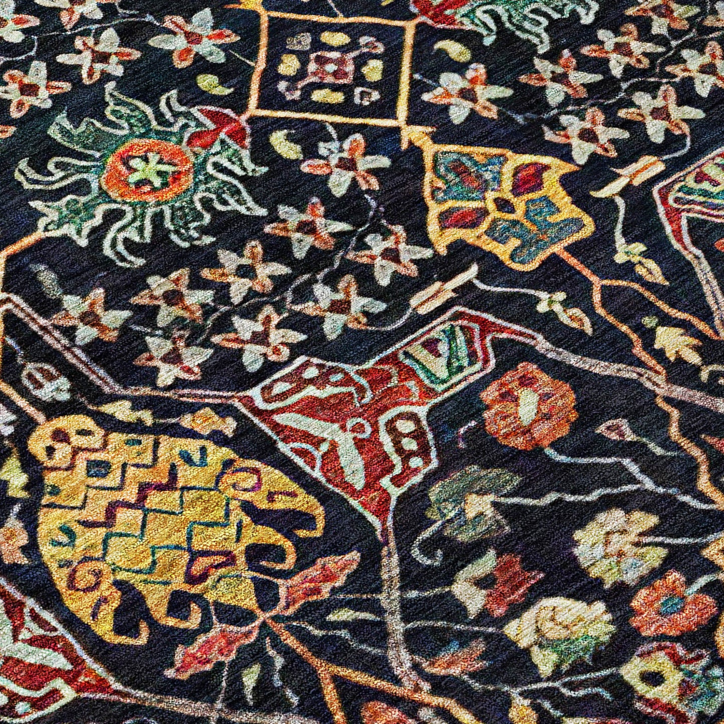 9' X 12' Black Red And Gold Floral Washable Indoor Outdoor Area Rug