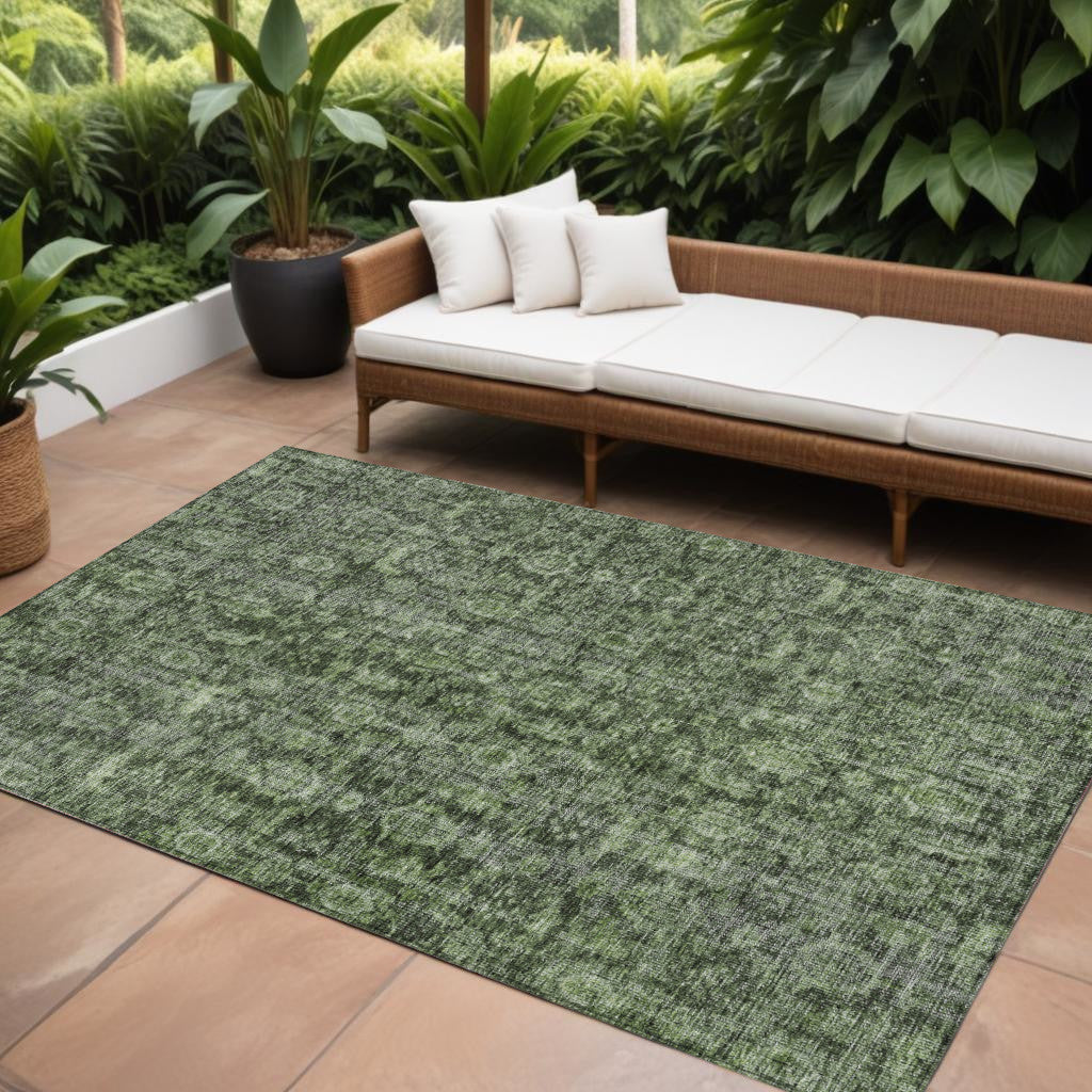 9' X 12' Artichoke Green And Black Damask Washable Indoor Outdoor Area Rug