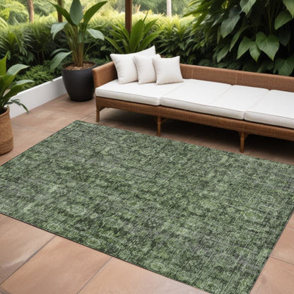 9' X 12' Artichoke Green And Black Damask Washable Indoor Outdoor Area Rug