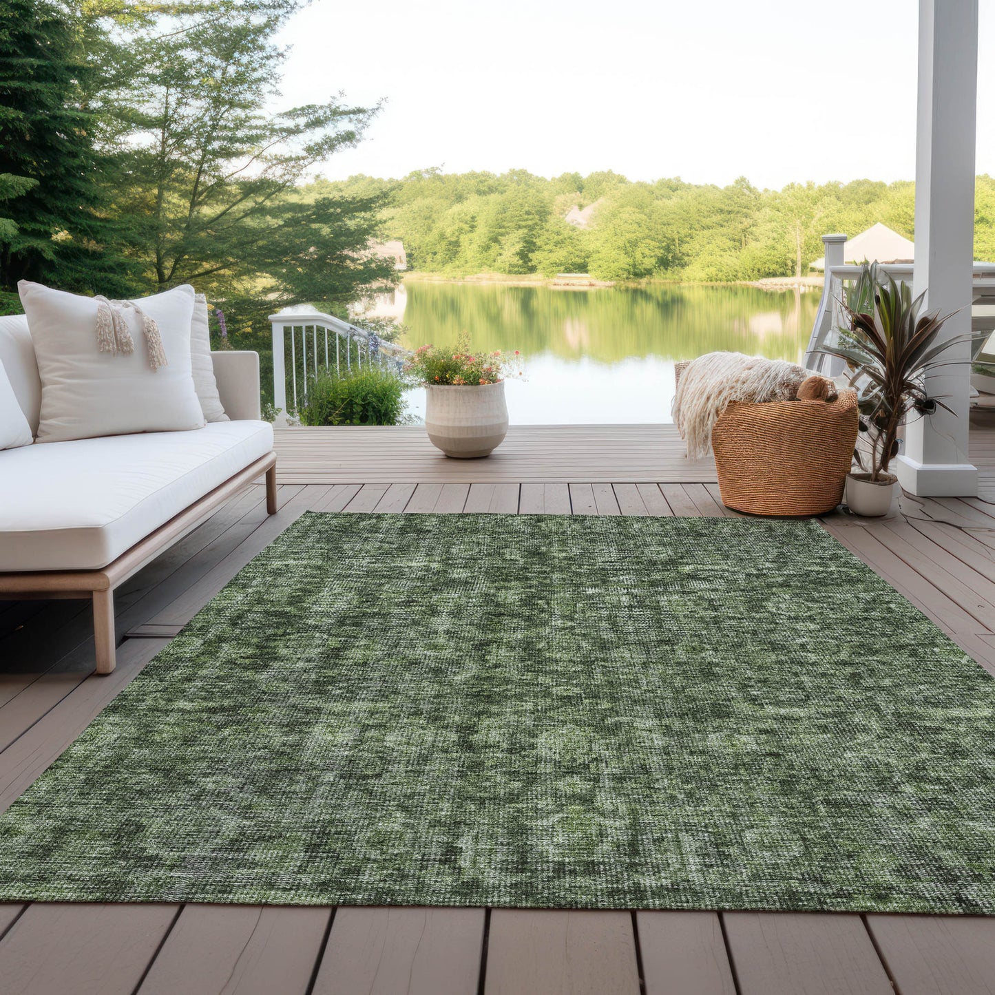 9' X 12' Artichoke Green And Black Damask Washable Indoor Outdoor Area Rug