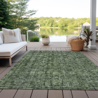 9' X 12' Artichoke Green And Black Damask Washable Indoor Outdoor Area Rug