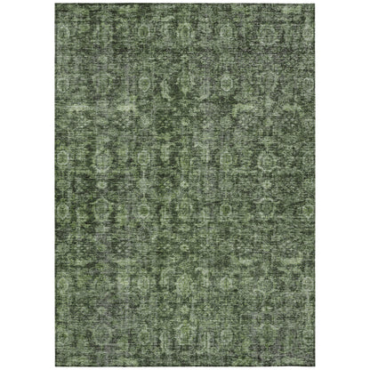 9' X 12' Artichoke Green And Black Damask Washable Indoor Outdoor Area Rug