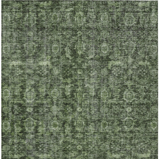 9' X 12' Artichoke Green And Black Damask Washable Indoor Outdoor Area Rug