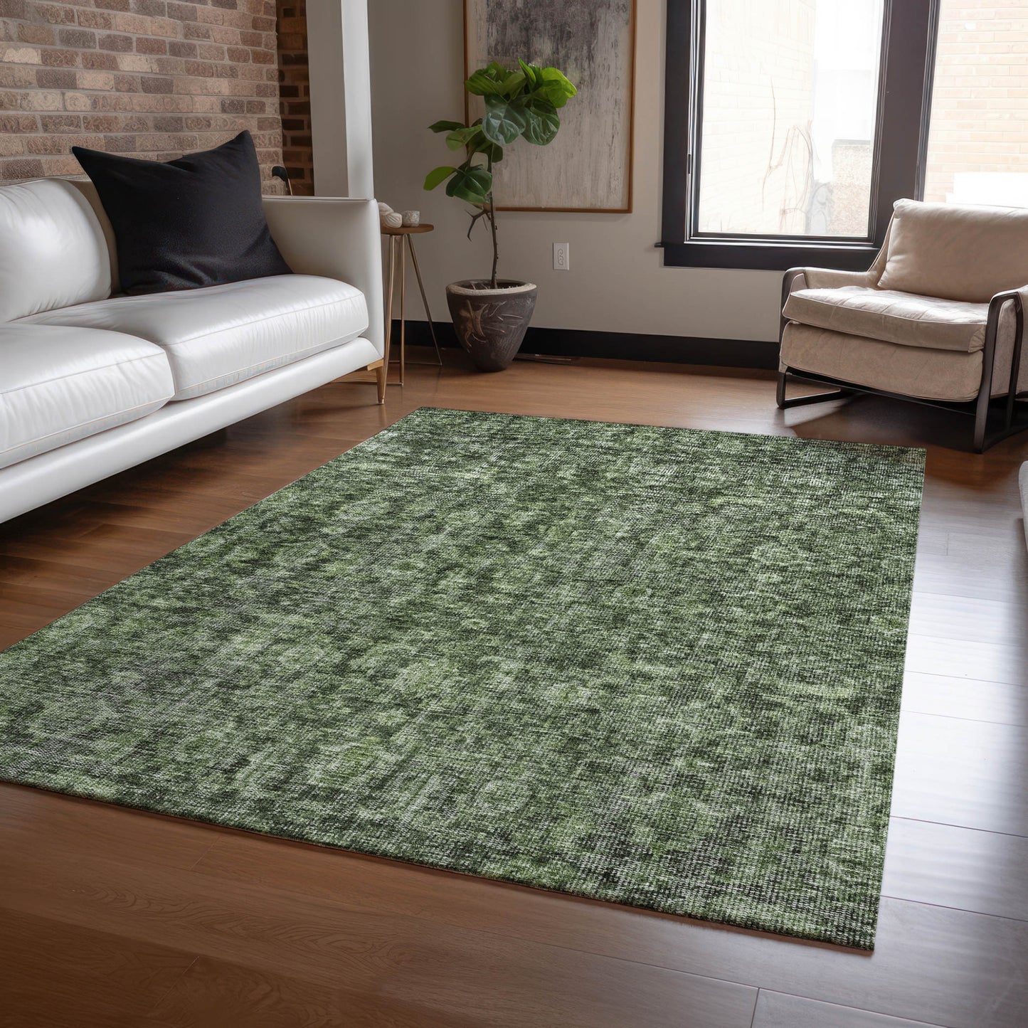 9' X 12' Artichoke Green And Black Damask Washable Indoor Outdoor Area Rug