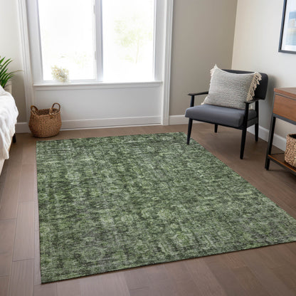 9' X 12' Artichoke Green And Black Damask Washable Indoor Outdoor Area Rug