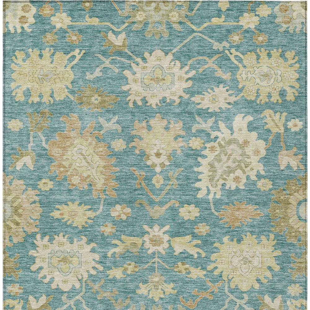 8' X 10' Teal Blue Ivory And Green Floral Washable Indoor Outdoor Area Rug