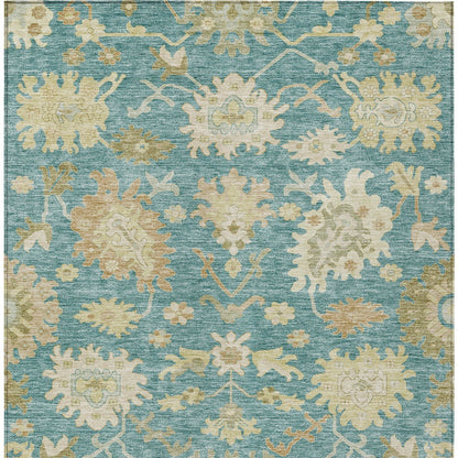 8' X 10' Teal Blue Ivory And Green Floral Washable Indoor Outdoor Area Rug