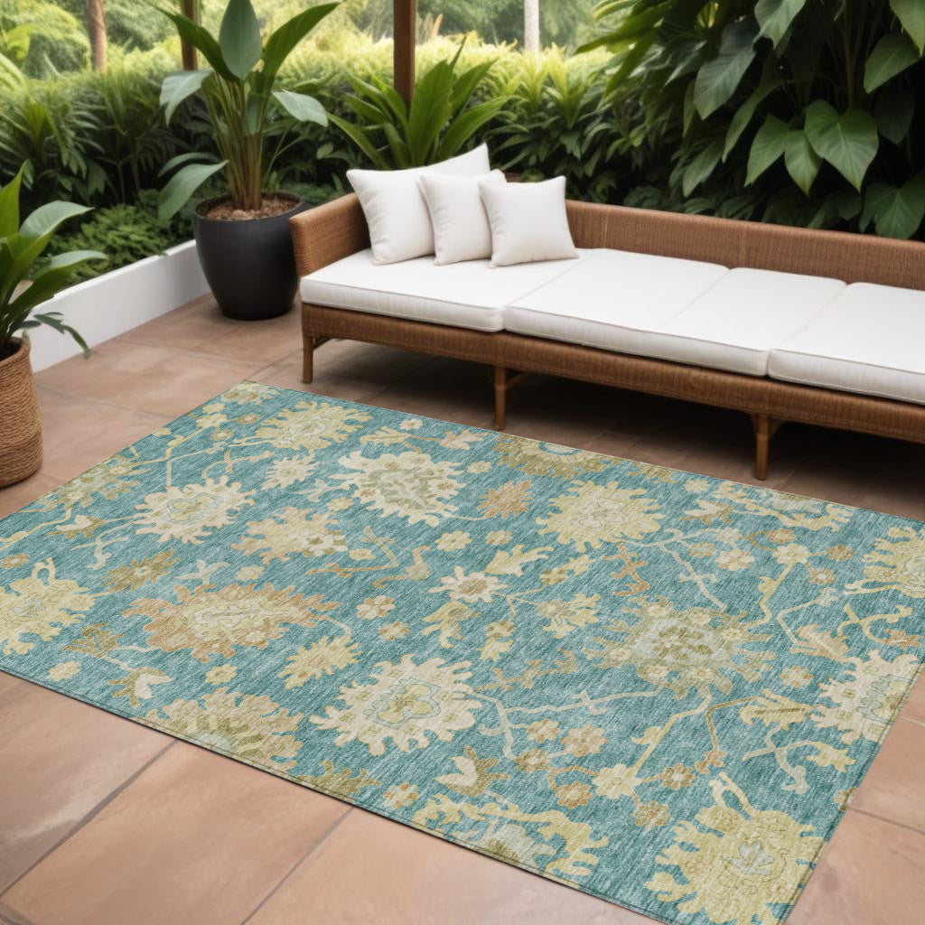 8' X 10' Teal Blue Ivory And Green Floral Washable Indoor Outdoor Area Rug