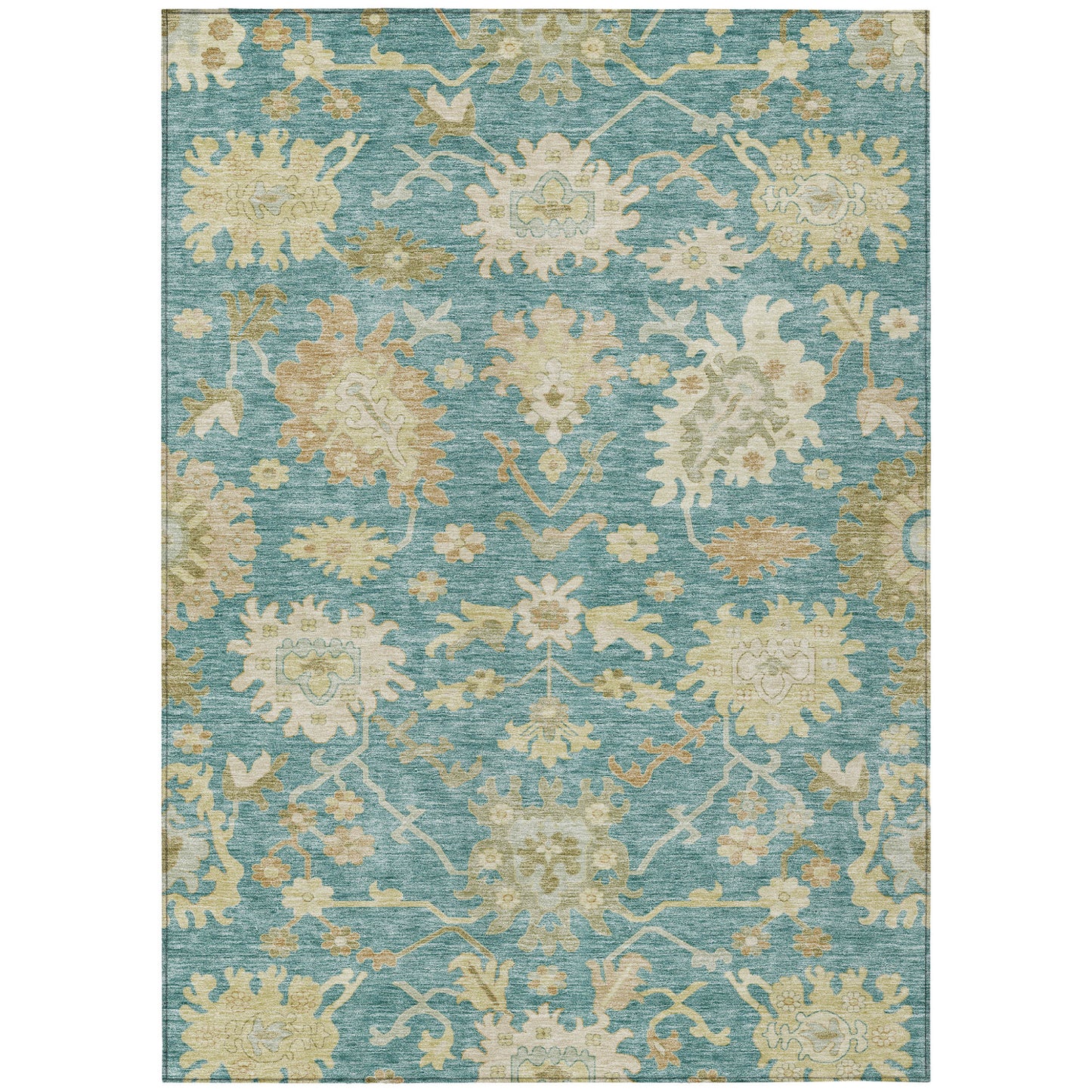 8' X 10' Teal Blue Ivory And Green Floral Washable Indoor Outdoor Area Rug