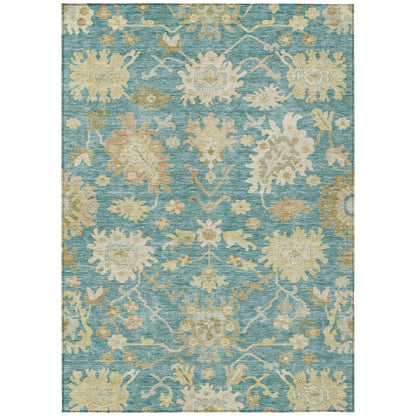 8' X 10' Teal Blue Ivory And Green Floral Washable Indoor Outdoor Area Rug