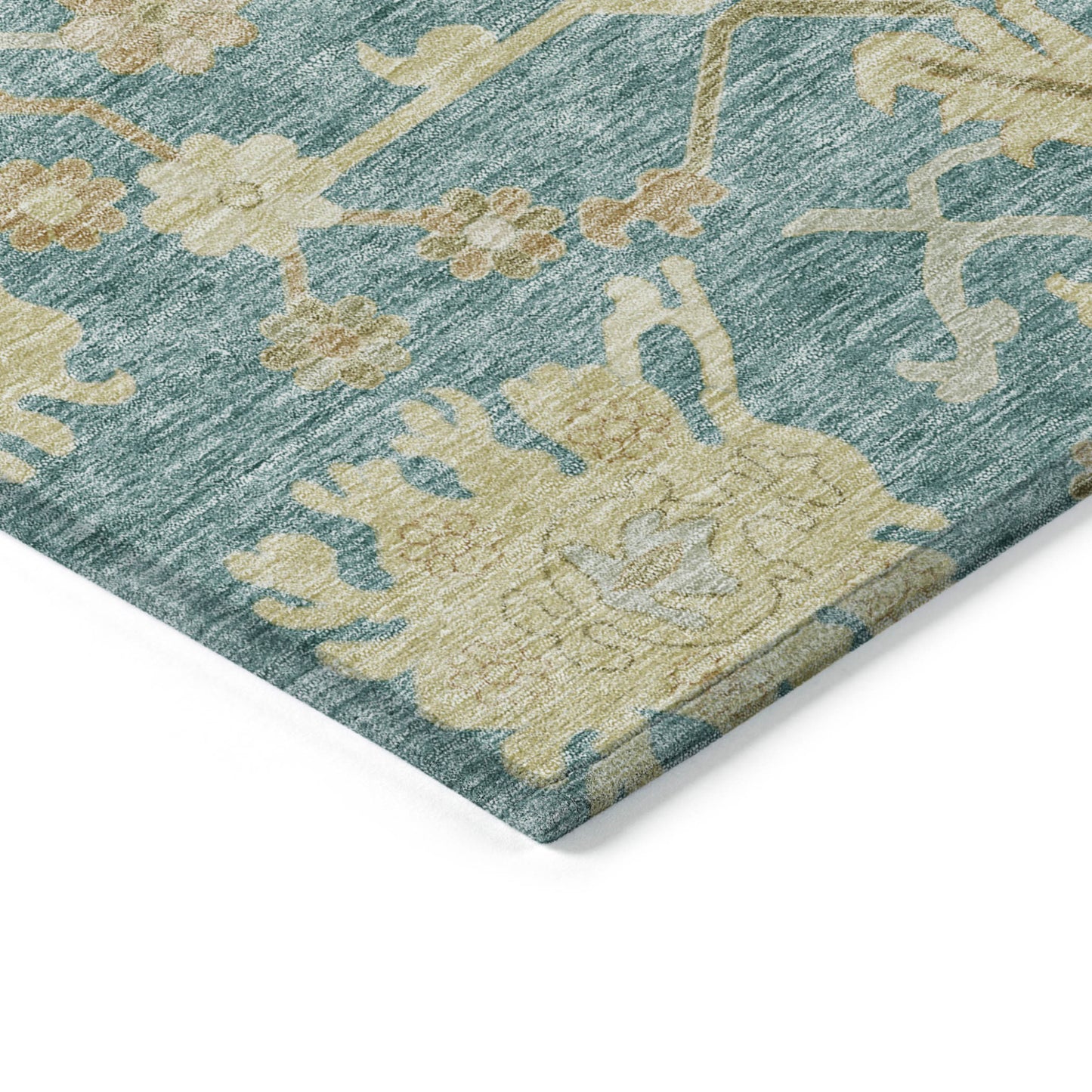 8' X 10' Teal Blue Ivory And Green Floral Washable Indoor Outdoor Area Rug