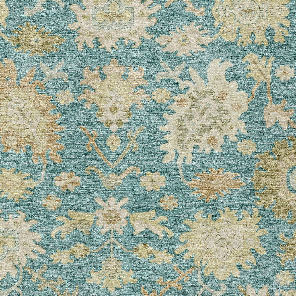 8' X 10' Teal Blue Ivory And Green Floral Washable Indoor Outdoor Area Rug