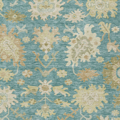 8' X 10' Teal Blue Ivory And Green Floral Washable Indoor Outdoor Area Rug