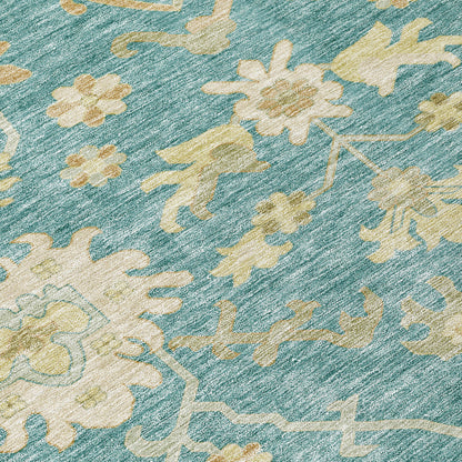 8' X 10' Teal Blue Ivory And Green Floral Washable Indoor Outdoor Area Rug