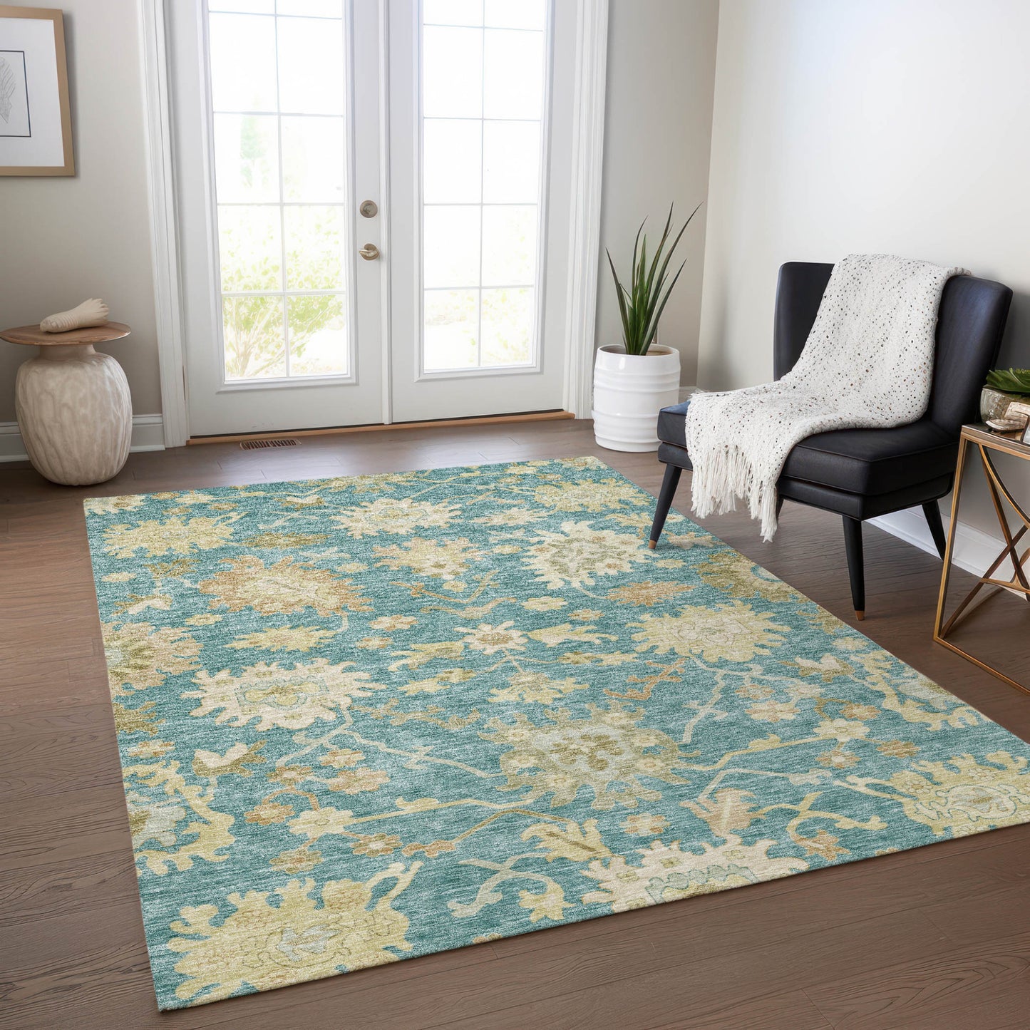 8' X 10' Teal Blue Ivory And Green Floral Washable Indoor Outdoor Area Rug