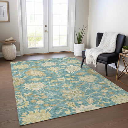 8' X 10' Teal Blue Ivory And Green Floral Washable Indoor Outdoor Area Rug