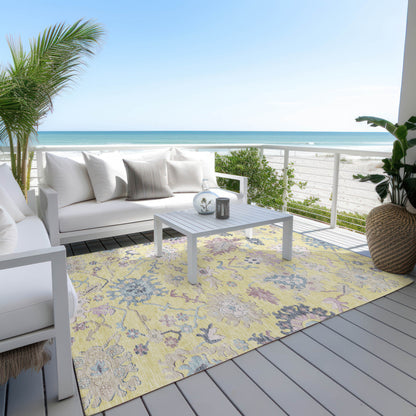 10' X 14' Yellow Lavender And Denim Blue Floral Washable Indoor Outdoor Area Rug