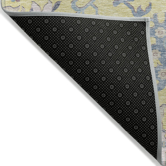 10' X 14' Yellow Lavender And Denim Blue Floral Washable Indoor Outdoor Area Rug