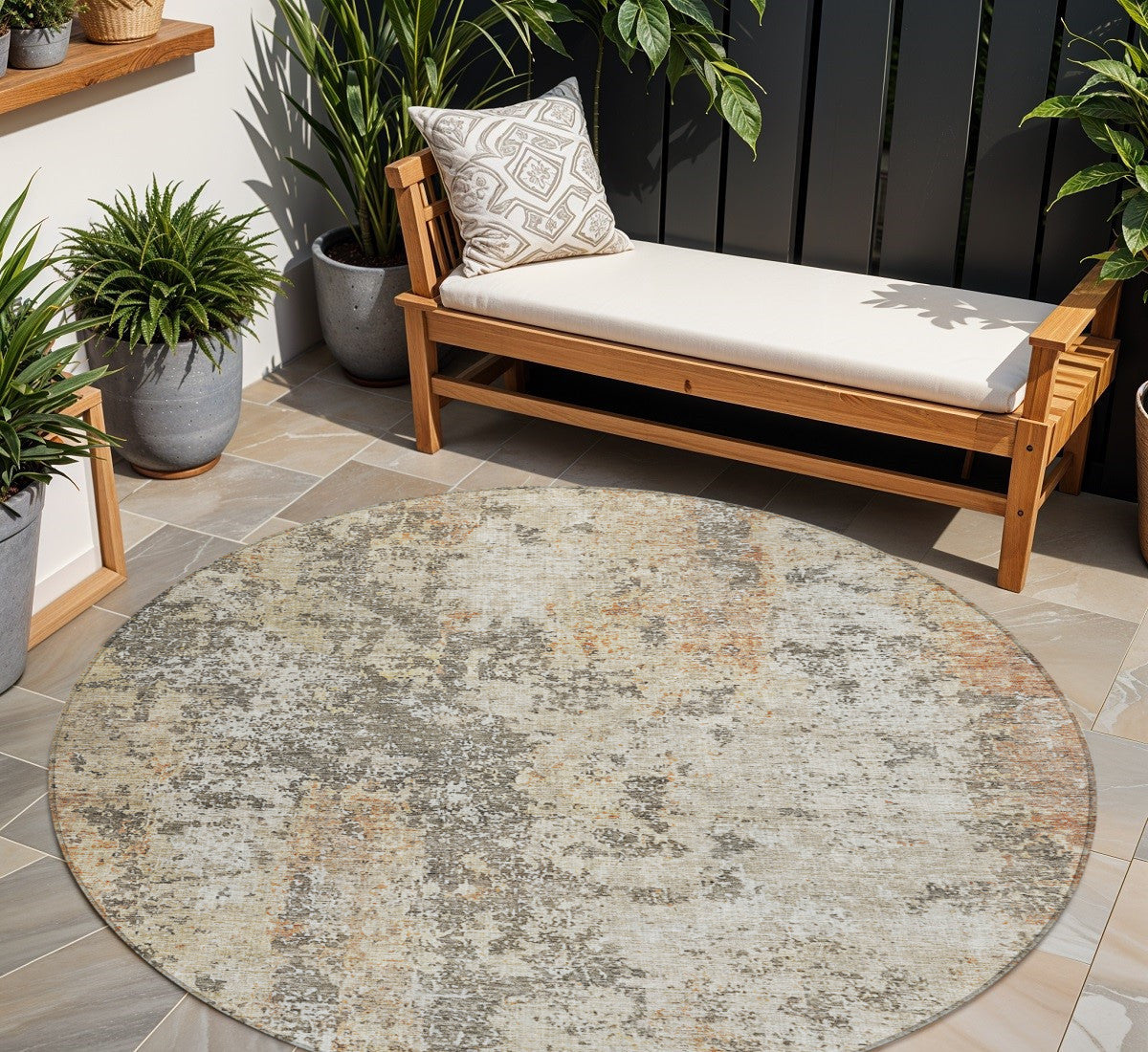 8' Terra Cotta Beige And Dark Gray Round Abstract Washable Indoor Outdoor Area Rug