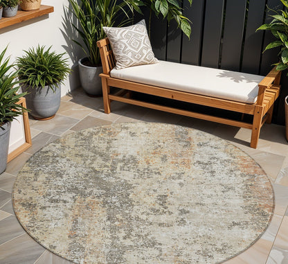 8' Terra Cotta Beige And Dark Gray Round Abstract Washable Indoor Outdoor Area Rug