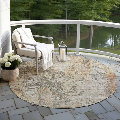 8' Terra Cotta Beige And Dark Gray Round Abstract Washable Indoor Outdoor Area Rug