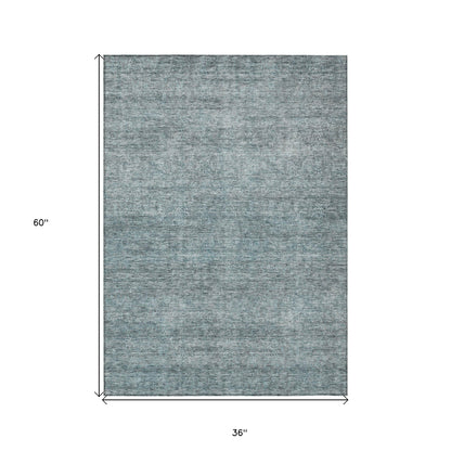 3' X 5' Blue And Ivory Abstract Washable Indoor Outdoor Area Rug