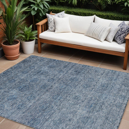 9' X 12' Blue And Ivory Floral Washable Indoor Outdoor Area Rug