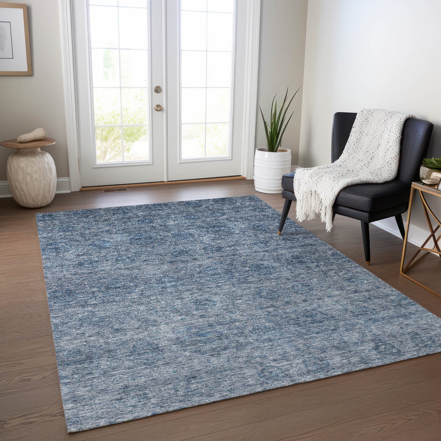 9' X 12' Blue And Ivory Floral Washable Indoor Outdoor Area Rug