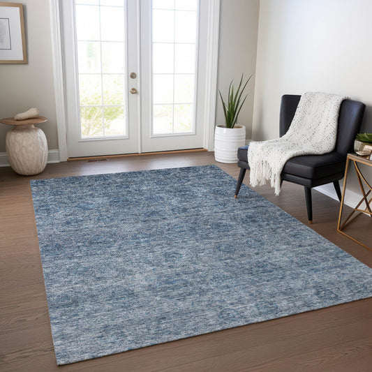 9' X 12' Blue And Ivory Floral Washable Indoor Outdoor Area Rug