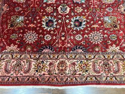 Persian Tabriz Rug 10x12, Floral Allover, Handmade Vintage Wool Carpet, Red and Cream-4