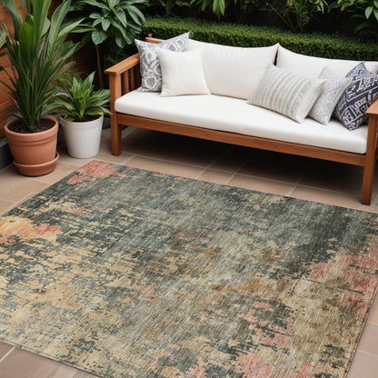 9' X 12' Sage Gray And Pink Abstract Washable Indoor Outdoor Area Rug